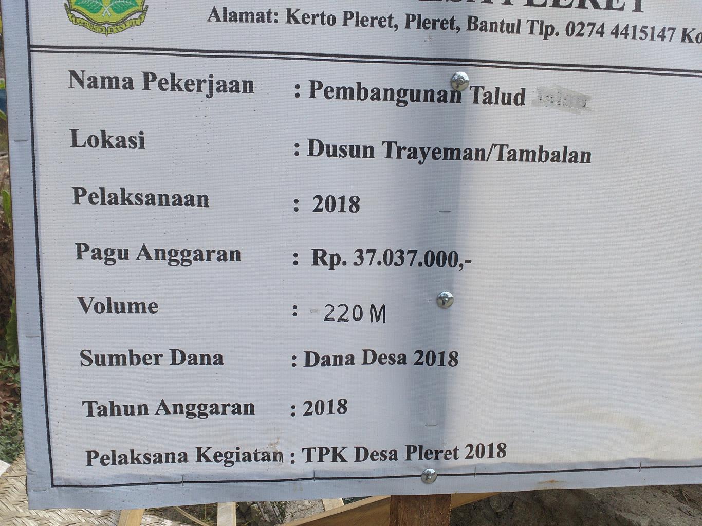 Pembangunan Talud Dusun Trayeman TA 2018